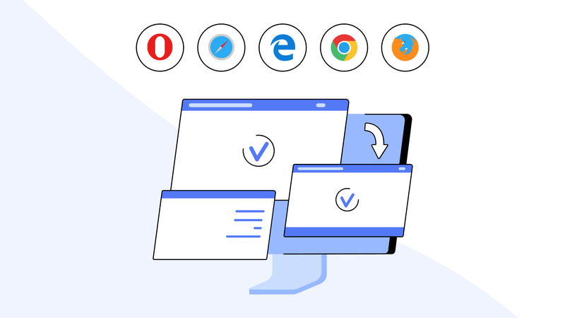 Экран компьютера на столе в окружении логотипов популярных браузеров