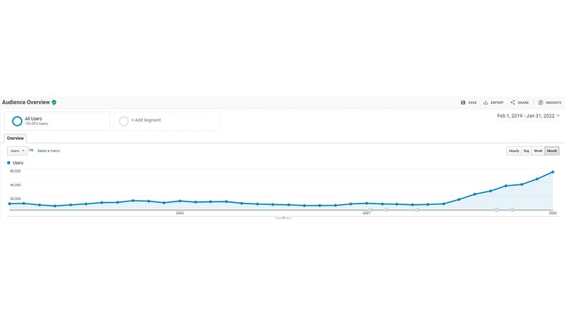 График с ростом трафика с 01.02.2019 по 31.01.2022 в Google Analytics